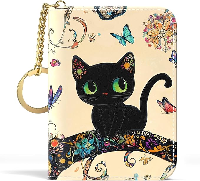 Aiawoxc Credit Card Holder, Small RFID Wallet Slim Leather Card Organizer Case with Zipper and Keychain, Cute Cat