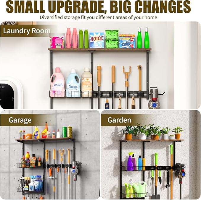 Broom Holder Wall Mount，Mop Rack With Storage Basket,Diversity Laundry Room Cleaning Tool Storage container，Suitable Family Garage Kitchen Organization Wall-Mounted Rack (Black, Medium)