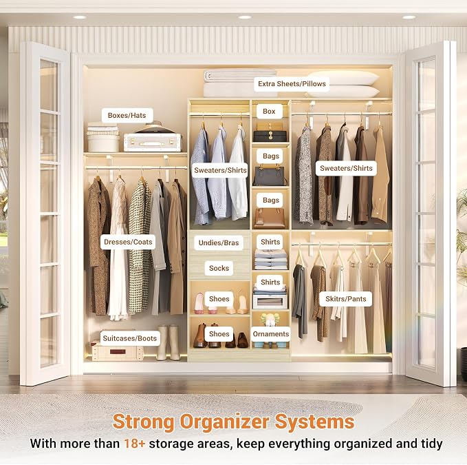 Armocity 8FT Heavy Duty Wood Closet System, 1500 LBS+ Capacity Wall Mounted Walk-in Closet Organizer with 2 Drawers & 4 Hanging Rods, 96'' Custom Bedroom Storage Wardrobe, White Oak