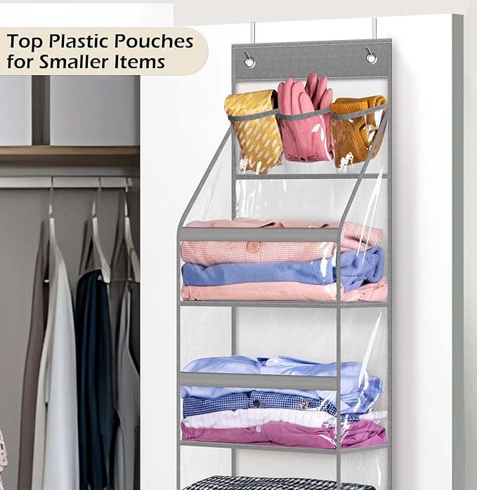 MISSLO Full Clear PVC Over The Door Organizer Hanging Closet Storage with 5 Large Pockets and 3 Top Plastic Pouches for Pantry, Bathroom, Bedroom to Store Clothes, Diapers