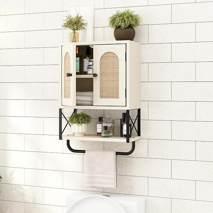 RUSTOWN Rattan Bathroom Wall Cabinet, Boho Over The Toilet Storage Cabinet | Arched Rattan Doors, Modern Medicine Cabinet, Adjustable Shelves, Towel Bar, Vintage White