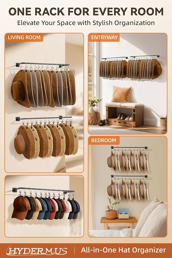 Cowboy Hat Rack for Wall 24 Clips Cowboy Hats Hook Metal Cowboy Hat Hanger | Hat Organizer for Bucket Baseball Caps Sunhat Winter Beanies Fedora Hat Holder on Wall Women Men Closet Black 2 Pcs