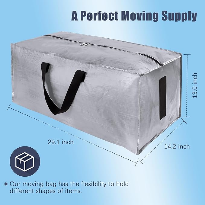 HOMESURE 4 Pack Large Strong Bags with Zippers & Carrying Handles - Water-Resistant - Heavy Duty Storage Tote for Space Saving Storage, Fold Flat, Alternative to Moving Box (Silver)