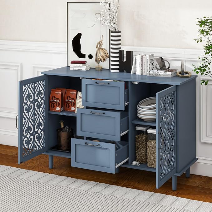 vistavie Sideboard Buffet Cabinet with Storage - American Furniture Cabinet, Accent Storage Console Table with Carved Pattern, Farmhouse Wood Credenza for Study Room, Entryway, Dining Room, Kitchen
