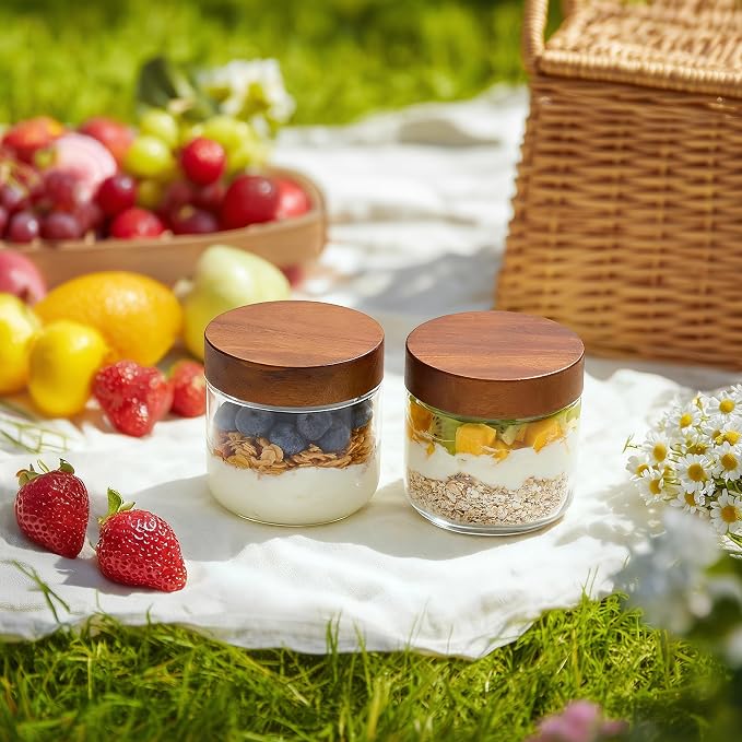 Danmu 12 oz Overnight Oats Containers with Lids,Glass Jars with Lids 4 Pack | Wooden Lid,Mason Jars 12 oz with Lids,Meal Prep,Yogurt,Leak-proof,Dishwasher Safe(remove lids),Fridge Safe,Portable