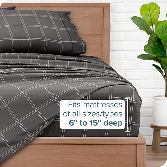 Bare Home Split King Sheet Set - 1800 Ultra-Soft Microfiber Bed Sheets - Double Brushed - Deep Pockets - Easy Fit - 5 Piece Set - Bed Sheets (Split King, Modern Plaid - Grey/White)