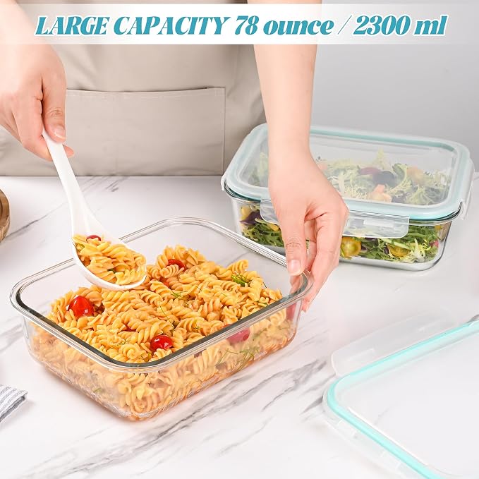 LOVYANXUE 2Pack 9.8 Cups/ 78 Oz Large Glass Food Storage Containers with Lids, Glass Meal Prep Containers with Airtight Lids - BPA Free, Leakproof, Ideal for Food Storing/Serving, Microwave/Oven Safe
