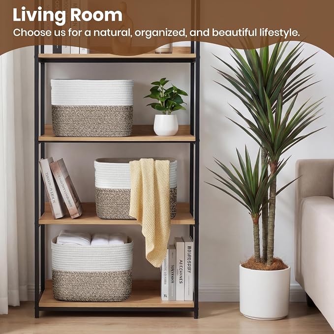 Storage Baskets for Organizing, 14 x 10 x 9” Closet Shelf Woven Baskets, Square Bins with Handles, Cotton Rope Basket for Clothes, Office, Room, White+Dark brown 1 Pack