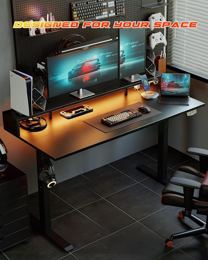 Agilestic 55 x 24 Inch Electric Standing Desk with Shelf, Height Adjustable Desk with Power Outlets & LED, Sit Stand Up Table with Monitor Stand, Computer Workstation, Black