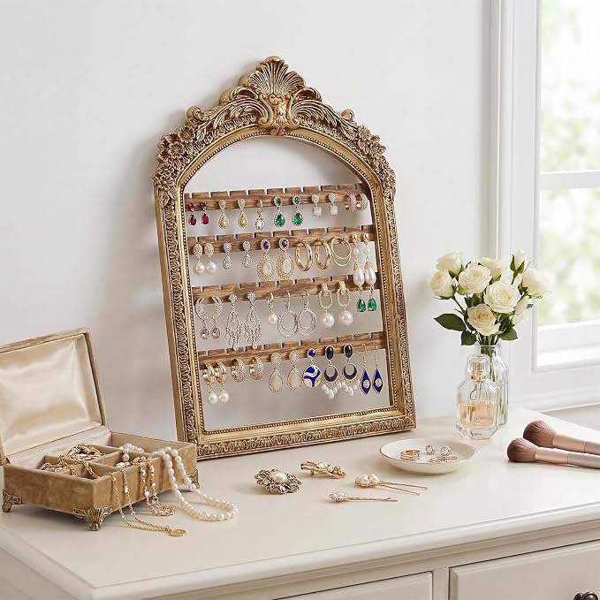 1 Pcs 10 x 6.9'' Wall Hanging Earring Holder Organizers Vintage Arched Frame 4 Layer Wall Mounted Jewelry Holder Decorative Retro Baroque Stud Earring Display (Gold)