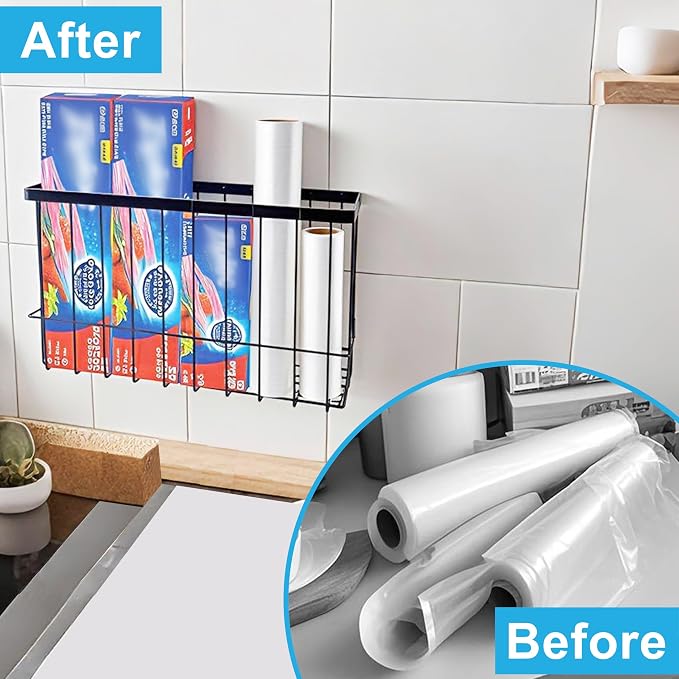 Kitchen Cabinet Door Organizer 3 pack, Lid Organizers Inside Cabinet with 2 Sponges, Foil and Plastic Wrap Organizer with 4 Hooks, for Aluminum Foil, Plastic Wrap, Black, (Small, Medium, Large)