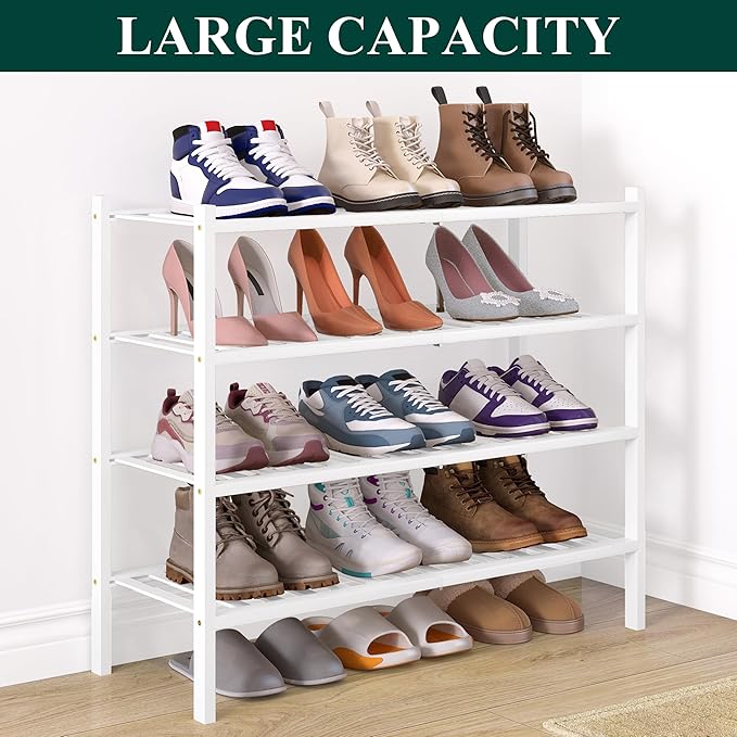 Smiry Bamboo Shoe Rack for Closet, 4 Tier Wooden Shoe Organizer, Stackable Wood Shoe Storage Shelf for Entryway, 14 Vertical Slats, 2+2 Stack Heavy-Duty Legs, 26.77"x11.02"x25.98", White