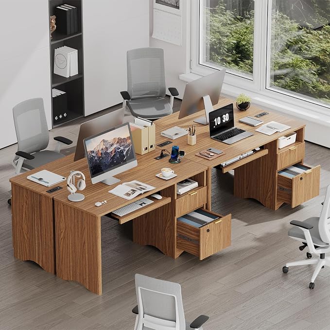 Bestier 55" Office Desk with Locking File Drawer & Charging, Brown | Partitioned Storage & Cable Management,Oak,Easy Assembly,Smart Fingerprint Drawer Lock,Wear-Resistant Easy-Clean Desktop