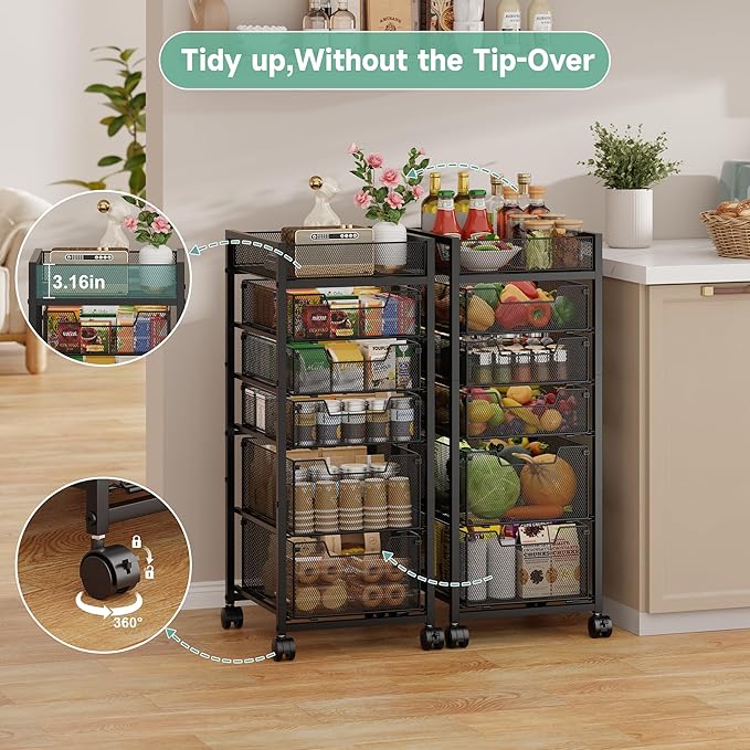 6-Tier Rolling Cart with 5 Drawers & Top Basket, Snack Cart with Wheels | Metal Utility Storage Cart - Fruit Vegetable Rack on Wheels, Kitchen Organization for Cans, Spices, Craft, Art, Beauty