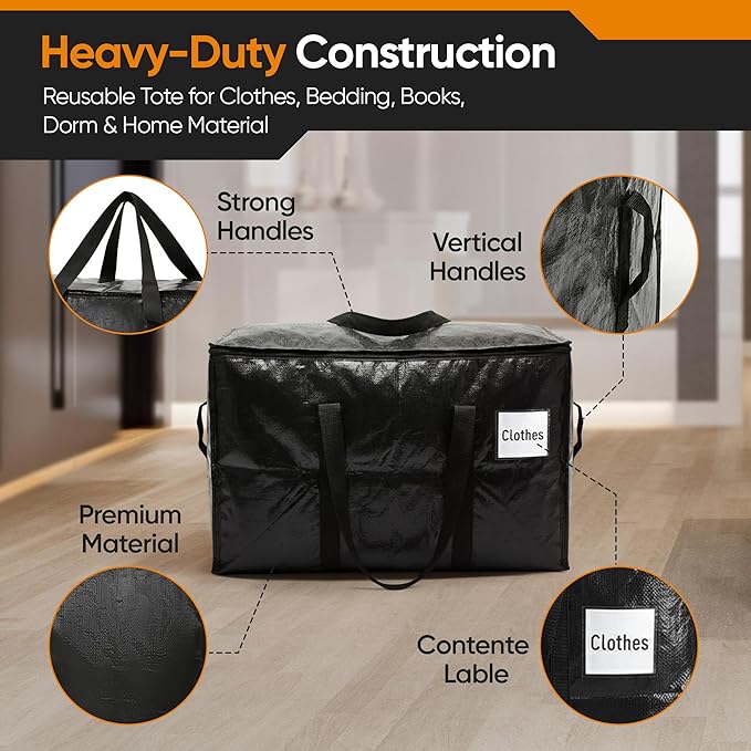 HOLDN’ STORAGE 10-Pack Moving Bags, Extra Large Storage Totes with Zipper Lids, Heavy-Duty Reusable for Clothes, Bedding, Books, Mixed 30 & 45 Gallon (5 Each)