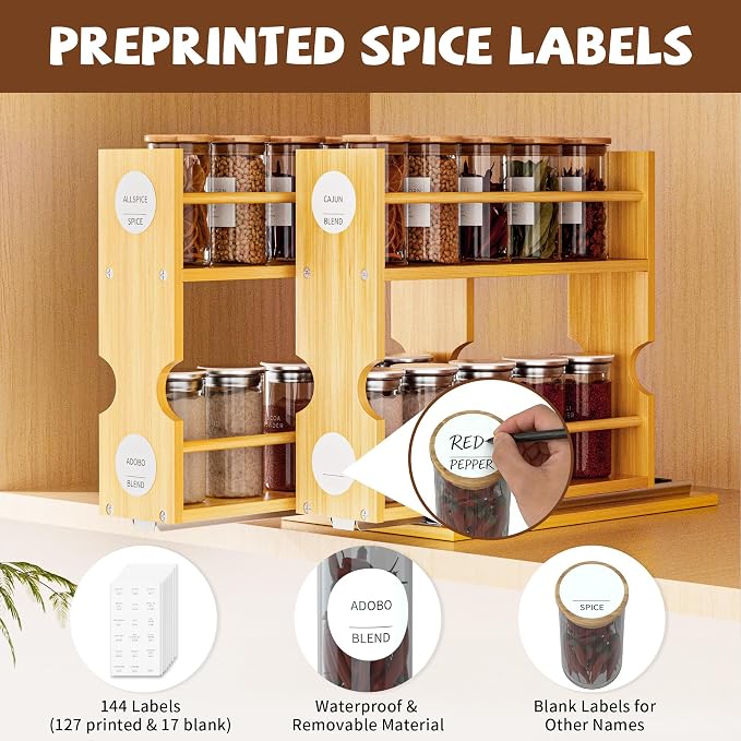Jolitac Bamboo Pull Out Spice Rack for Cabinet, Slide Out Drawers | 1.85" Wide Drawers, Space-Saving Vertical Organization, Easy to Install, 9.1" Wide, 3 Drawers, 2-Tier