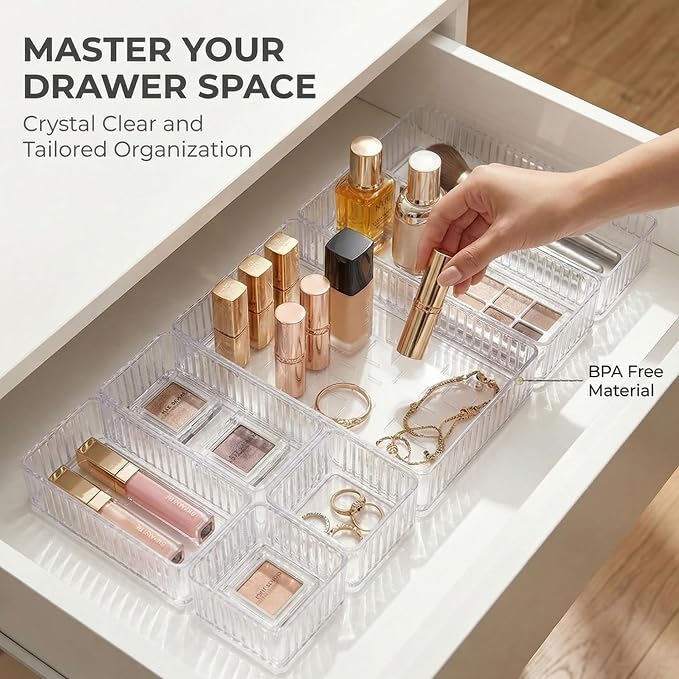 Li&Zhao 7PCS Stackable Bathroom Drawer Organizer-Clear Acrylic Drawer Organizer and Makeup Drawer Organizer with 4 Sizes 7 Grids for Vanity, Kitchen, Office Supplies