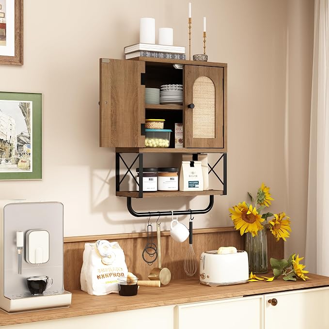 RUSTOWN Rattan Bathroom Wall Cabinet, Boho Over The Toilet Storage Cabinet | Arched Rattan Doors, Modern Medicine Cabinet, Adjustable Shelves, Towel Bar, Rustic Oak