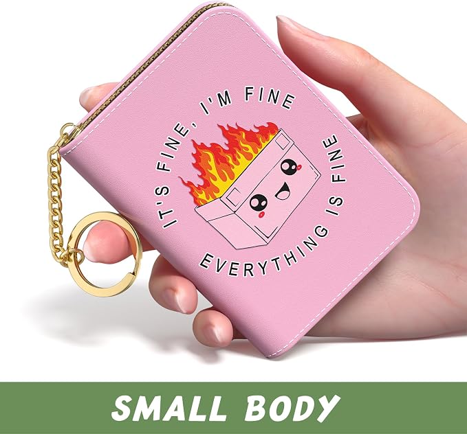 Aiawoxc Credit Card Holder, Small RFID Wallet Slim Leather Card Organizer Case with Zipper and Keychain, Pink Cute Dumpster