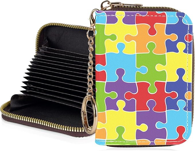 Credit Card Holder for Women,Small Rfid Wallet with Keychain Zipper,Cute PU Leather Card Case Wallet，Accordion Credit Card Wallets Gift,Puzzle C