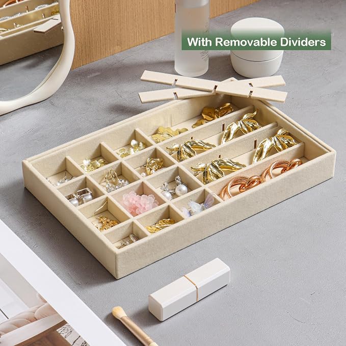Jewelry Drawer Organizer Inserts Tray, Set of 4 Velvet Stackable Jewelry Trays for Earring Necklace Rings Bracelets Watch (Beige)