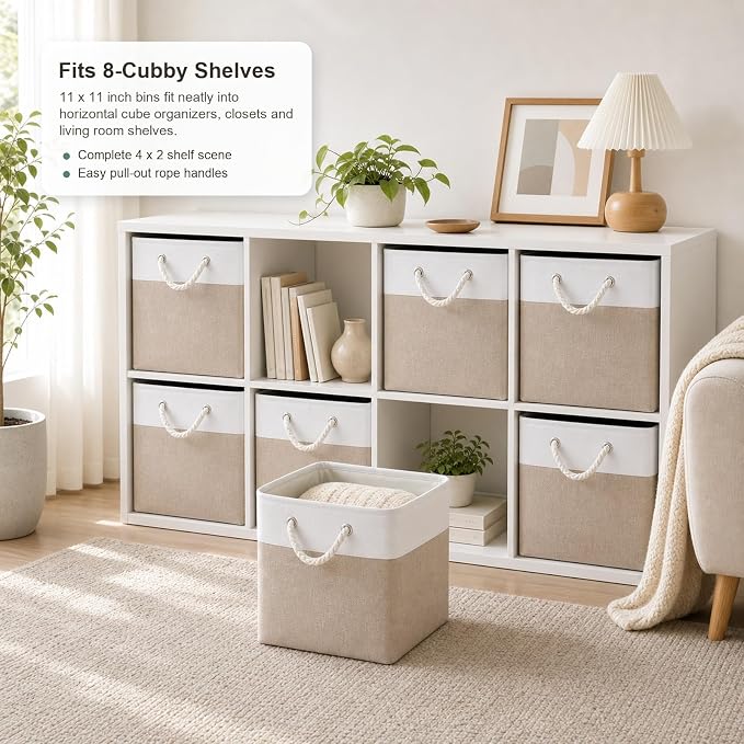 11x11 Inch Cube Storage Bins, 8 Pack Collapsible Fabric Storage Cubes with Rope Handles, Waterproof Foldable Storage Baskets for Cube Shelves, Closet, Clothes, Toys, Books, White & Beige