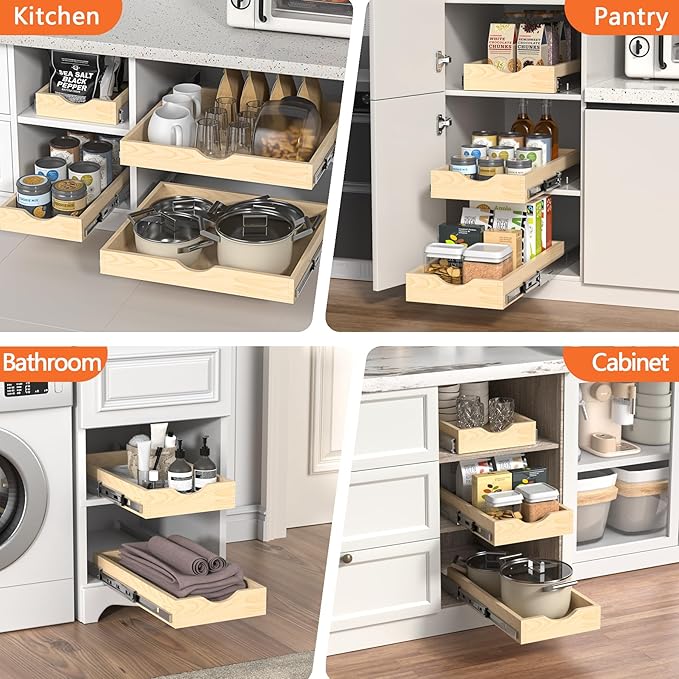 ZOINLIY 15''W X 21''D X 3''H Wooden Pull Out Drawer for Cabinet, Cabinet Organizer for Kitchen, Soft Close Slide Out Shelves, Heavy Duty, Fully Expandable