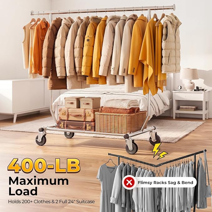 HOKEEPER Clothes Rack, Rolling Clothing Racks for Hanging Clothes, Portable Clothes Rack with Lockable Wheels, Commercial Heavy Duty Garment Rack for Bedroom, Living Room, Laundry, Balcony Collapsible
