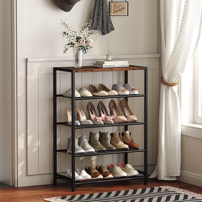 Yusong Shoe Rack Organizer, 5 Tier Industrial Shoe Storage Shelf, Narrow Sturdy Metal Shoe Shelves for Closet Entryway, Rustic Brown