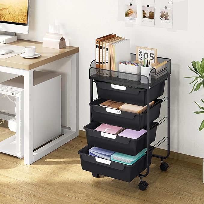 SYKIARIOL 4-Drawer Rolling Storage Cart with Mesh Top, Utility Craft Organizer Cart on Wheels with DIY Labels, Rolling Drawer Cart for Home Office Classroom Bedroom, Black