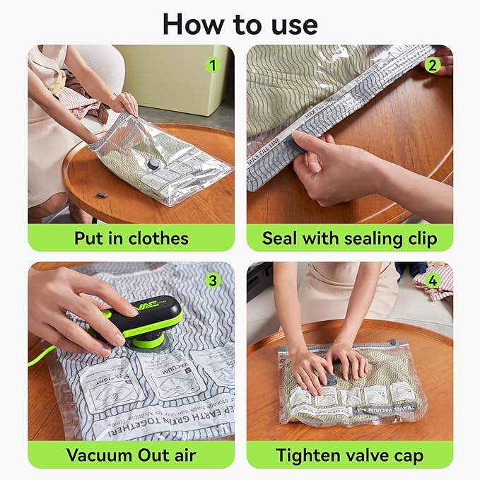 Vacuum Bags for Travel with USB & TYPE C Pump, Vacuum Seal Travel Bags, 15 Pack Carry-On Vacuum Storage Bags for Luggage & Suitcase, Space Saver for Clothes & Travel(Green)