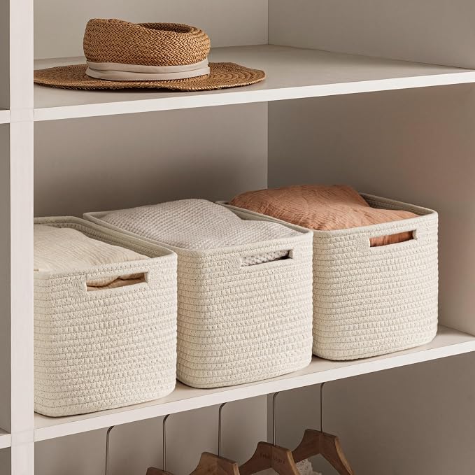 4 Pack Storage Baskets for Organizing, Woven Baskets for Shelves, Beige | 13"L x 9"W x 7.5"H, Woven Basket, Cotton Rope Basket, Toy Storage, Cube Shelf, Gift Baskets Empty, Home Decor