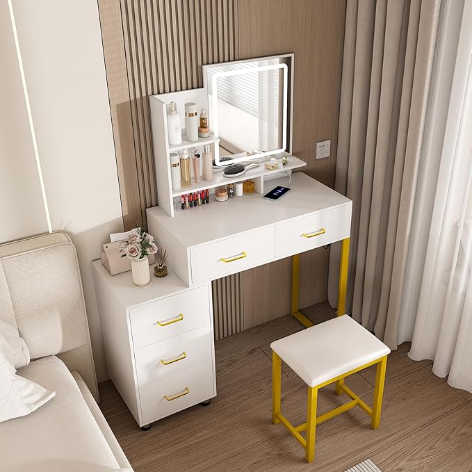 Small Makeup Vanity Desk with Mirror and Lights, Vanity Table Set with Storage Drawer & Open Shelves, 3 Lighting Colors, LED Adjustable Brightness White Makeup Vanity with Stool
