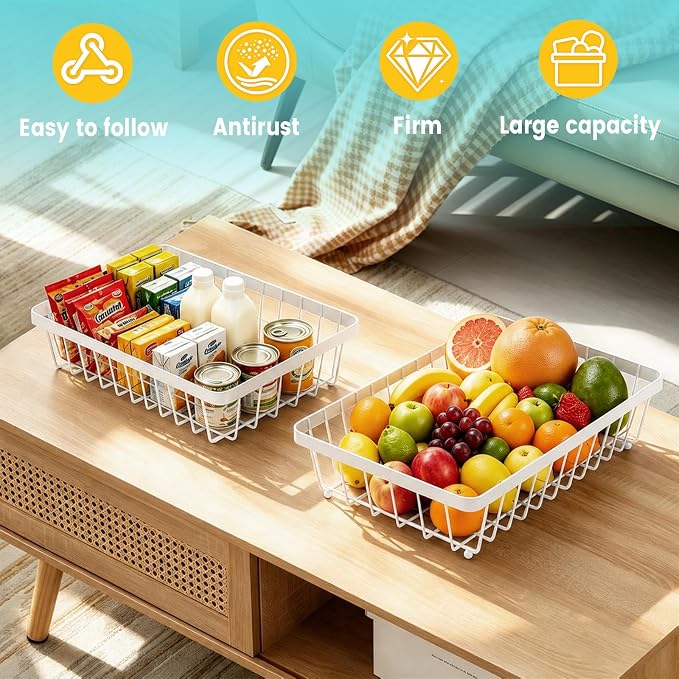 2-Tier Fruit Basket for Kitchen Counter with 2 Banana Hangers | Large Metal Fruit Bowl, Versatile Holder for Veggies, Produce Storage, 12.5"×7.5"×12"-White