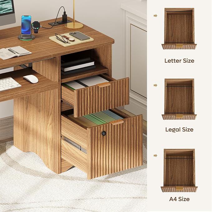 Bestier 55" Office Desk with Locking File Drawer & Charging, Brown | Partitioned Storage & Cable Management,Oak,Easy Assembly,Smart Fingerprint Drawer Lock,Wear-Resistant Easy-Clean Desktop