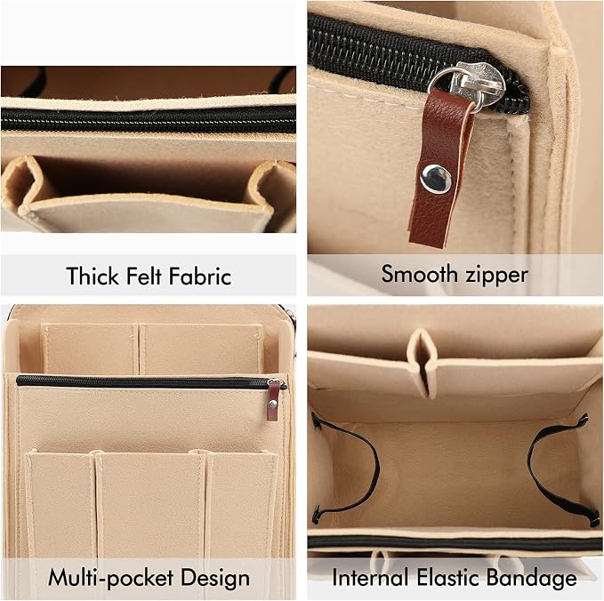 Surblue Felt Backpack Organizer Insert for Travel Rucksack and Daypack, Bag Insert Liner Pocket with Zipper, Large Capacity Divider Foldable Shoulder Bag Organizer for Men and Women, (Beige, XL)