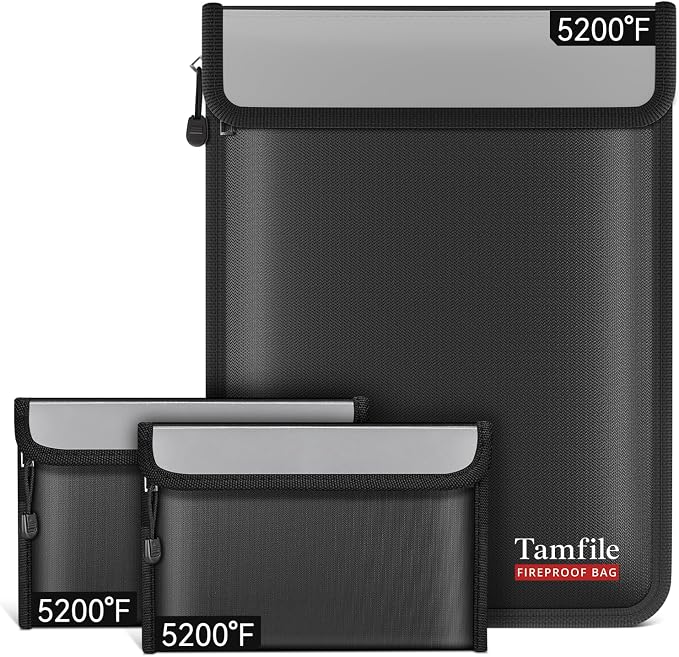 Tamfile Fireproof Document Bag with 2 Pack Fireproof Organizer Travel Bag | 5200℉, Heat-Resistant, Water-Resistant, 8 Layers Safe Money Bag, Storage for Important Documents, Cash, Valuables, Black