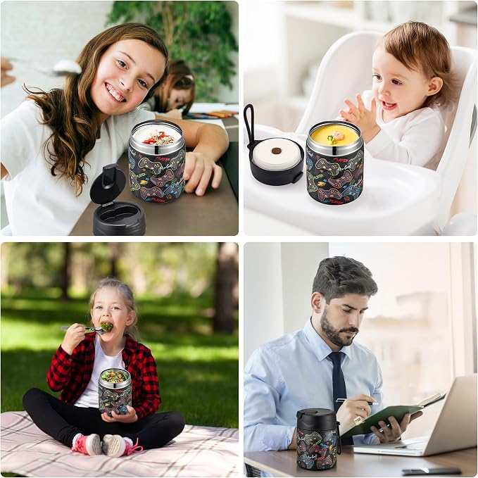 Howeemo 17oz Soup Thermo for Hot Food Kids,Insulated Food Jar with Spoon,Thermo Hot Food Lunch Container,Wide Mouth Leakproof Stainless Steel Lunch Box for School-Black Game