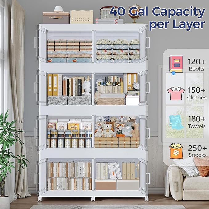 200GAL Storage Bins with Lid and Wheels, Stackable Closet Organizers and Storage Drawer, Collapsible Storage Box with Dividers, Foldable Plastic Cabinets for Room, Kitchen, 5 Pack White