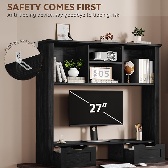 Desk Shelf with Computer Monitor Stand, 37.4''W Desktop Bookshelf Display Rack, Desktop Organizer Storage Rack with Cubbies & Drawers, 5-Tier Hutch for Home, Office, Dorm, Vanity, Black