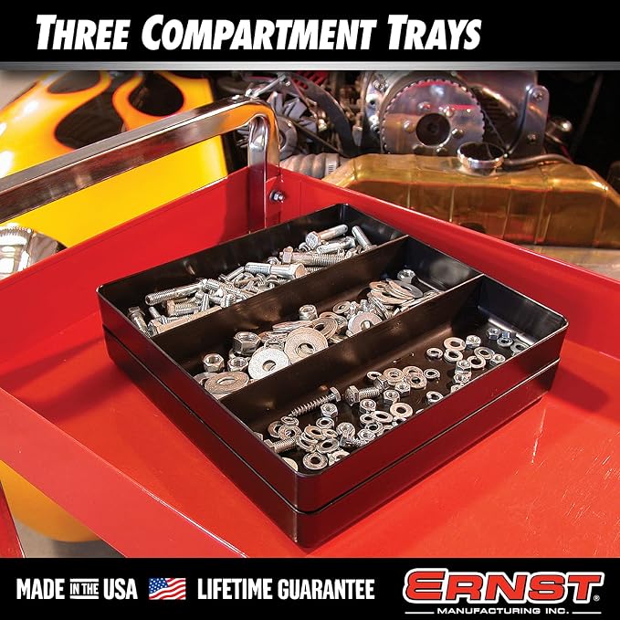 Ernst Manufacturing Toolchest Tray: Stackable Garage Organizer Tray in Blue with 3 Compartments - For Trades, Mechanics, Electricians, Plumbers, Household Use, Hobbies - Heavy Duty - Made in the USA