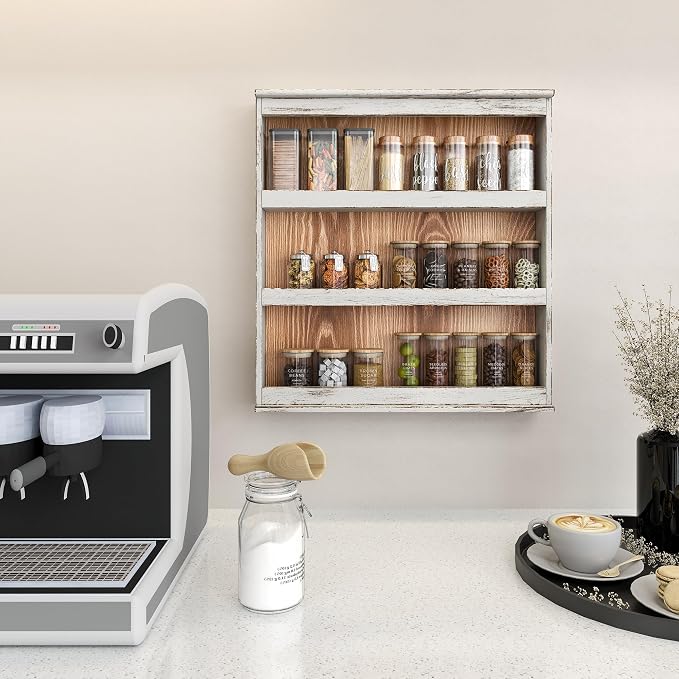 Nisorpa 3 Tier Spice Rack Wall Mount, Rustic Burnt Wood Wall Hanging Spice Rack Kitchen Spice Storage Shelf for Seasoning Jars or Condiment Bottles, 19.68 x 3.35 x 21.25 Inches