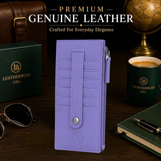 Leatherboss Genuine Leather Women's All in One Credit Business Card Case Holder Slim Zipper Wallet With a Card Protection Strap, Purple