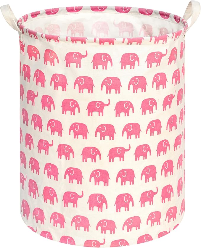 KUNRO Round Laundry Gift Basket Storage Hamper, Clothes Storage Organizer Bins, Shelf Basket with Handles for Room Decor (Pink Elephant)