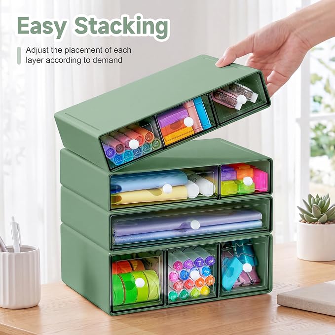 Desk Organizer with 9 Drawers, 4 Tiers Stackable Storage Drawers, Desktop Storage Box with Clear Drawers for Stationery, Makeup, Jewelry, Office and Craft Supplies (Green)