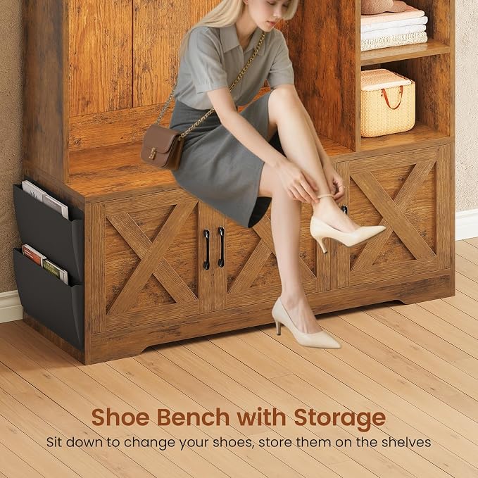Itaar Hall Tree with Bench and Shoe Storage, Farmhouse Entryway Bench with Coat Rack, Shoe Cabinet with Adjustable Shelves, 6 Storage Cubbies, 10 Coat Hooks, Storage Bag, Led Lights, Rustic Brown