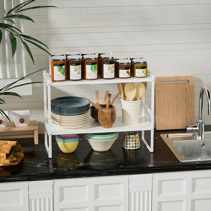 Cabinet Organizer Shelves,Expandable Pantry Counter Shelves,Stackable Under Sink Inside Cabinet Storage Spice Racks for Kitchen Bathroom Home Office,3 Packs,10.24" D,White