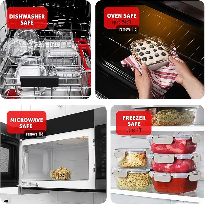 EATEX 32pc Glass Storage Containers with Lids, 16 Glass Food Storage Containers with 16 Airtight Lids for Pantry & Kitchen, Meal Prep Containers for Lunch, Oven Freezer Microwave & Dishwasher Safe
