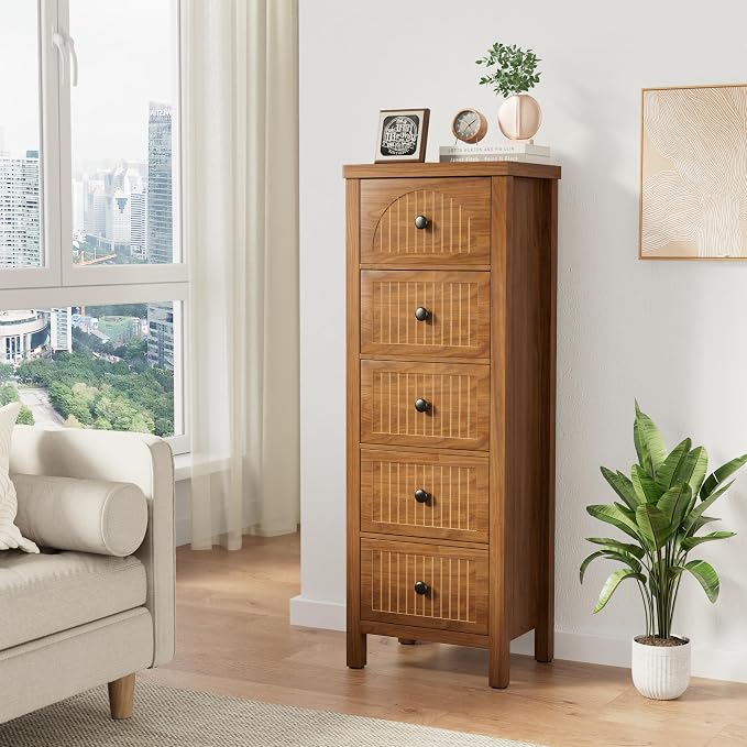 Lxsxlome 5 Drawer Dresser for Bedroom,Modern 44.68'' Tall Wood Chest of Drawers, Storage Organizer with Fluted Panel & Anti-Tip Kit for Closet, Hallway, Living Room,Nursery (Walnut, 5 Drawers)