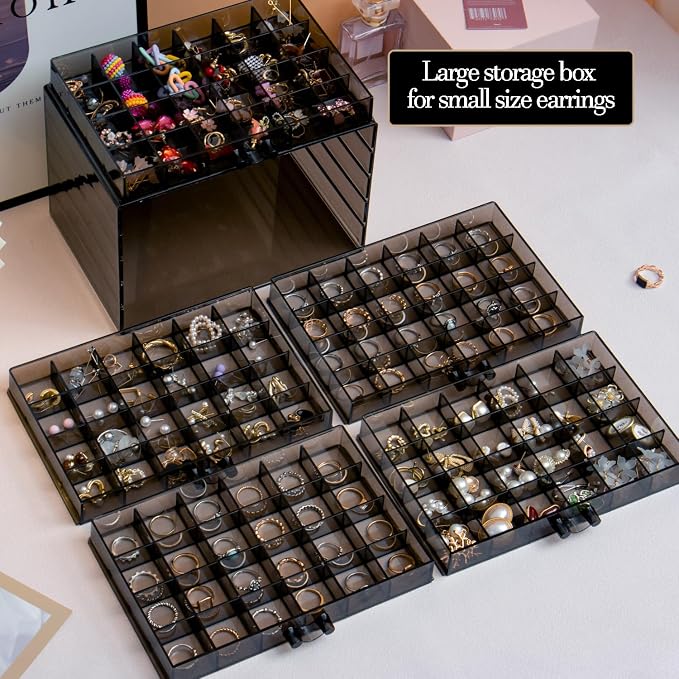 SPAKOWN Earring Organizer Acrylic Jewelry Holder Organizer with 5 Drawers | Stackable Earring Storage Case Jewelry Boxes for Women (Gray)